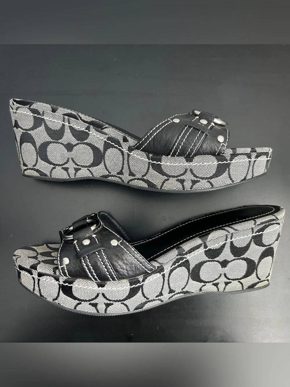 Y2K Coach Janeesa Wedge Sandals with Signature C Pattern and Silver Hardware